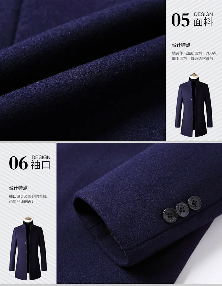 EUR Size S-XXL Autumn Winter Thick Warm Stand-up Collar Woolen Men Coat Business Casual Slim Coat Woolen Jacket Male Windbreaker