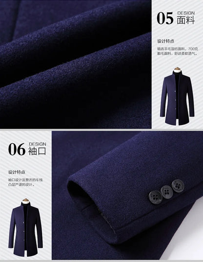 EUR Size S-XXL Autumn Winter Thick Warm Stand-up Collar Woolen Men Coat Business Casual Slim Coat Woolen Jacket Male Windbreaker