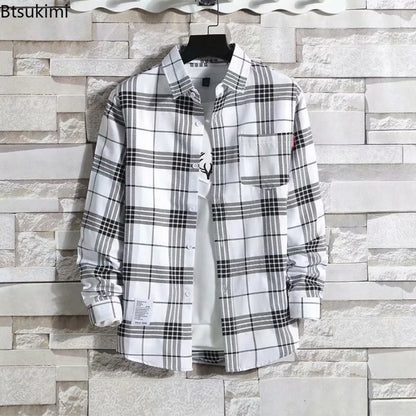 Spring New Korean Style Plaid Shirts Men's Handsome Long-sleeved Loose Casual All-matching Shirt Coats 2025 Trend Men's Clothing