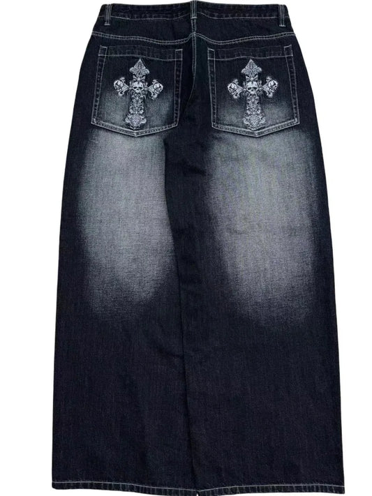 European and American vintage wash do old jeans men Y2k street fashion pocket cross embroidery wide leg pants Punk trend pants
