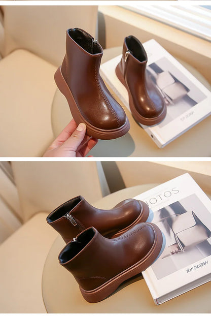 Autumn Winter Children's Boots Fashion Simple Style Girl's Ankle Boot Causal Versatile Black Kid Short Leather Boots Side Zipper