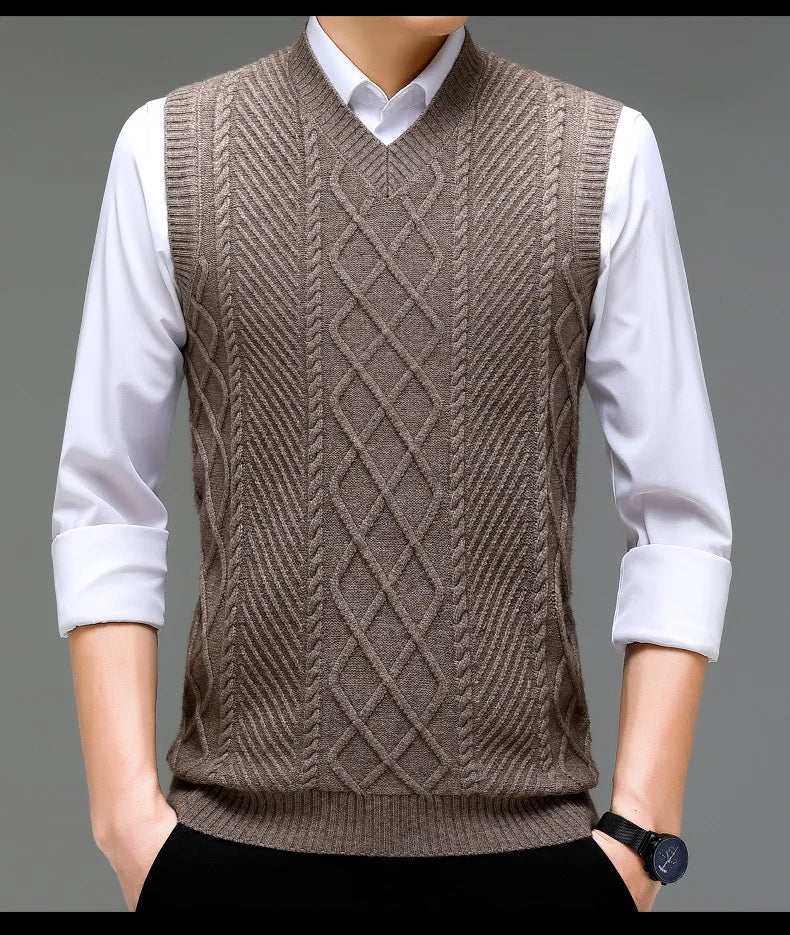Stylish V-neck Jacquard Knit Sleeveless Sweater Vest for Men Middle-aged Men Fashion Solid Color Warm Top