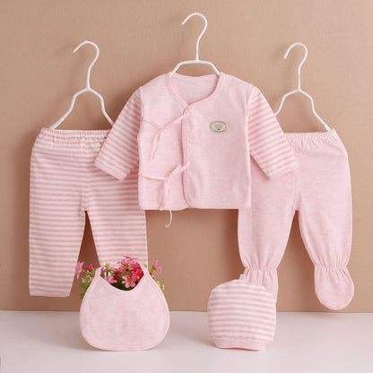 5Piece Sets Spring Baby Girl Boy Clothes Casual Cartoon Cute Print Long Sleeve Cotton Tops+ Pants+ Hat Newborn Hospital Set BC1361