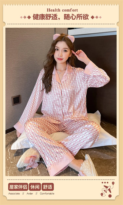 Women Casual Luxury Pajamas Thin Pajamas Female Sleepwear New Elegant Ladies Faux Silk Polyester Dots Pajama Sets Sexy Home wear
