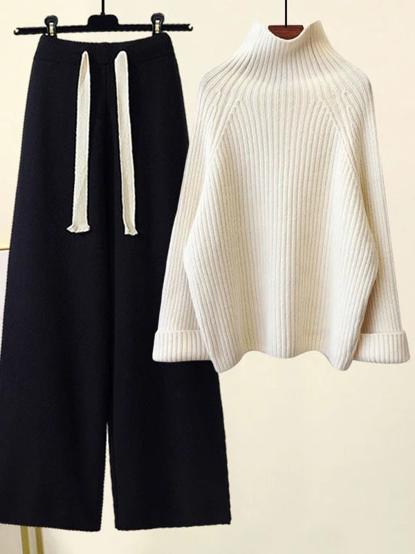 Winter Warm Knit wears Sets For Women Turtleneck Long Sleeve Pullover Sweater+ high Waist Wide Leg Drawstring Knitted Pants Sets