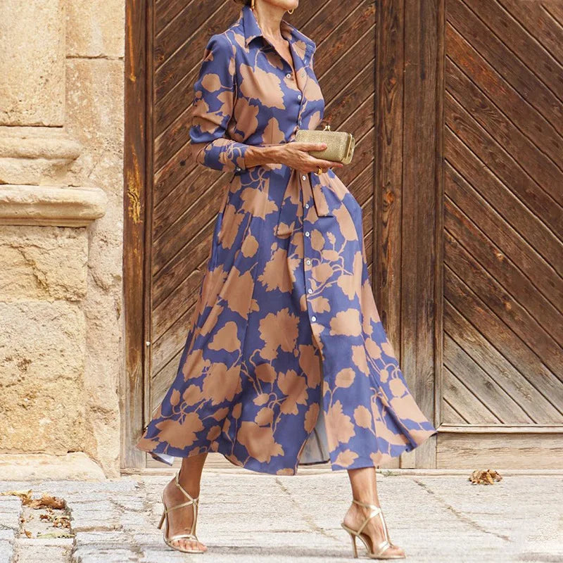 2025 Spring New Women's Fashion Style Printed Sexy Waist Strap Mid Length Single Breasted Long Sleeve Collar Dress