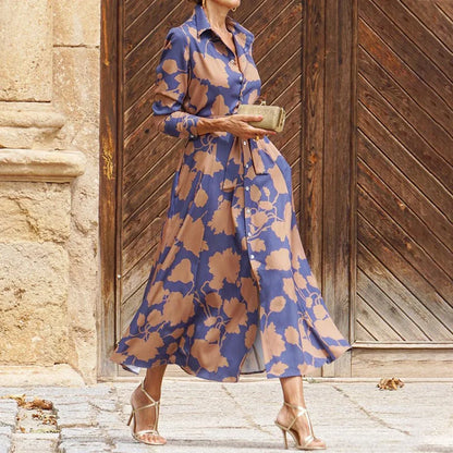 2025 Spring New Women's Fashion Style Printed Sexy Waist Strap Mid Length Single Breasted Long Sleeve Collar Dress