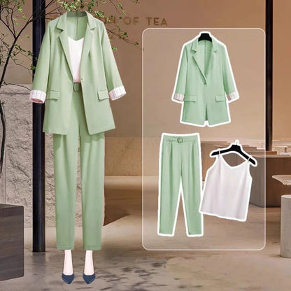 2025 spring new plus size Korean elegant women's suit female blazer leisure pants Tweed suit jacket three piece jacket pants set