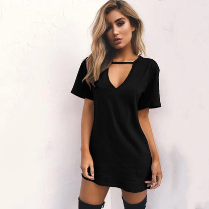 Summer Sexy Mini Black Dress 2025 V Neck Cut Out Loose Dress Women Elegant Short Sleeve Club Party Dress Solid Color Streetwear