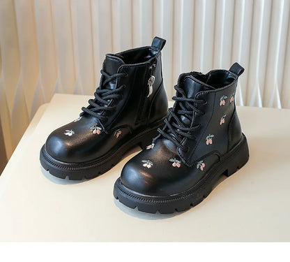 Girl's Ankle Boot Sweet Fashion Embroider Children Spring Autumn Leather Boots Causal Versatile Kid Princess Shorts Single Boots