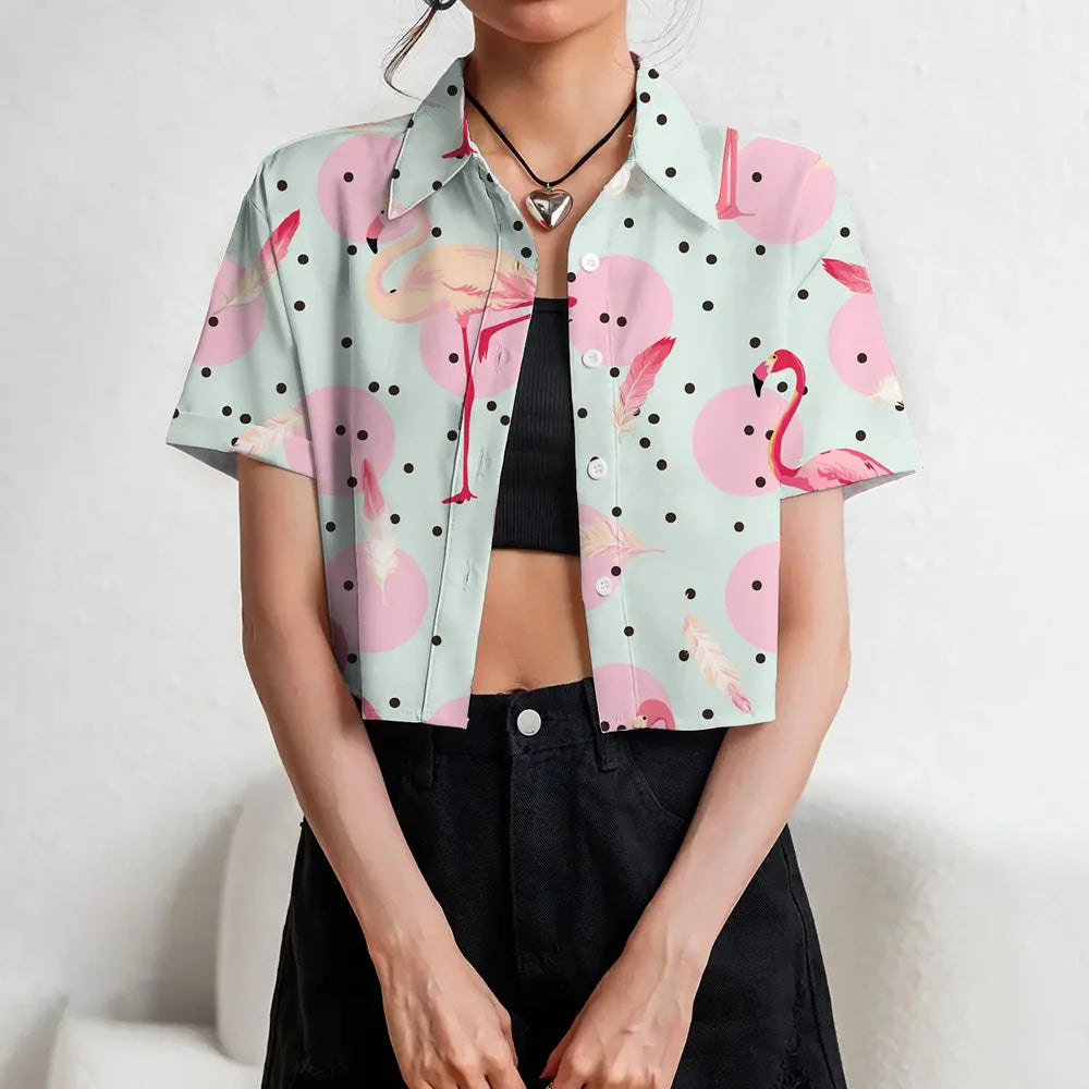 Women's Lapel Button Tank Tops Shirts Summer Casual Short Sleeve Shirts 3D Cherry Printed Women's Clothing Navel Exposed Shirts