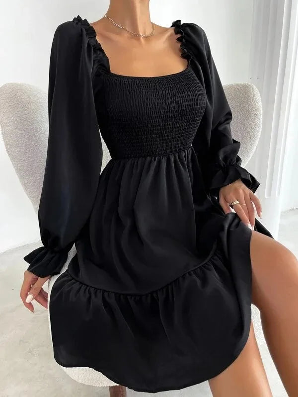 Women's Dress Simple Square Neck Solid Color Long Sleeve Dress Parallel Crepe Seam Body Bell Sleeves Ruffle Hem Dress Women