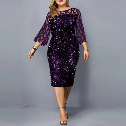 Elegant Sequin Plus Size 4XL 5XL Women Midi Dress Sexy Casual Evening Party Dress Gown Wedding Luxury Robe Rouge Vestidos