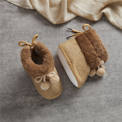 Suefunskry Toddler Baby Girls Boys Boots Winter Warm Soft Sole Fluffy Lace up Boots Cute Plush Pom Decoration Non Slip Shoes