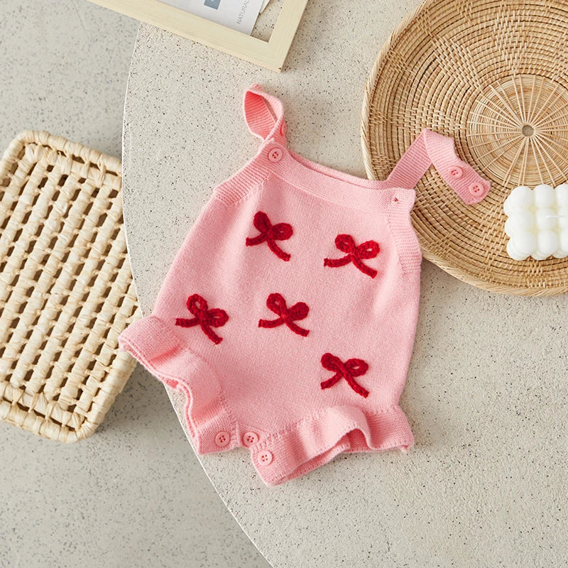 Suefunskry Baby Girl Overalls, Sleeveless Bows Pattern Knit Romper Bodysuit Spring Fall Clothes for Casual Daily