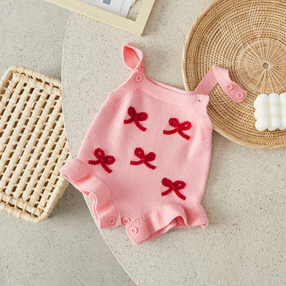 Suefunskry Baby Girl Overalls, Sleeveless Bows Pattern Knit Romper Bodysuit Spring Fall Clothes for Casual Daily