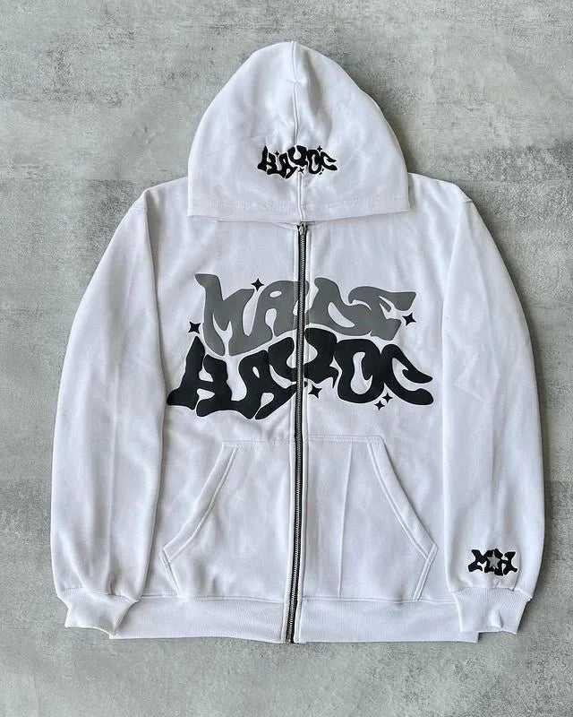 Retro Star and Letter Printed Zipper Hoodies 2025 Spring Autumn Harajuku Y2K Women and Men Fashion Hip Hop Long Sleeve Hooded