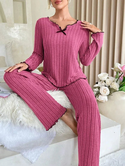 Women Autumn Winter Sleepwear Ribbed Pajamas Set Long Sleeve Top and Long Pants 2 Piece Set Casual Home wear Loungewear