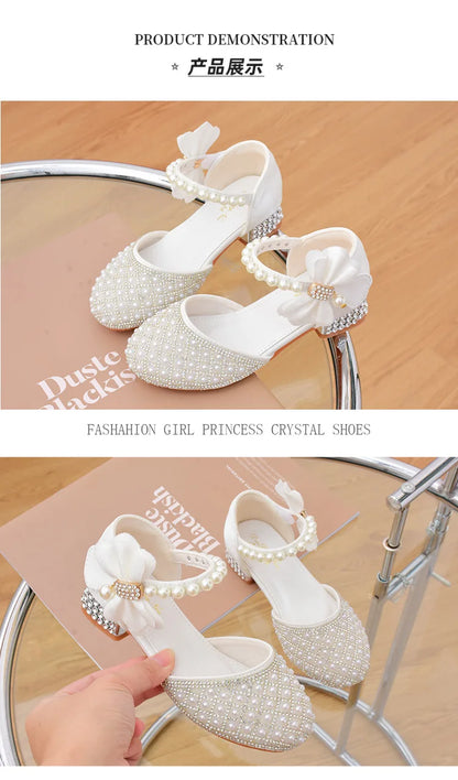 Rhine stones Princess Party Shoes Shiny Crystal Bow White Children High Heels Girls Sandals Summer Kids Student Performance Shoes