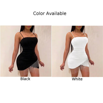 Birthday Woman Party Night Tassel Split Dress Short Sexy Dresses Summer Elegant Sleeveless Bodycon Solid Color White/Black