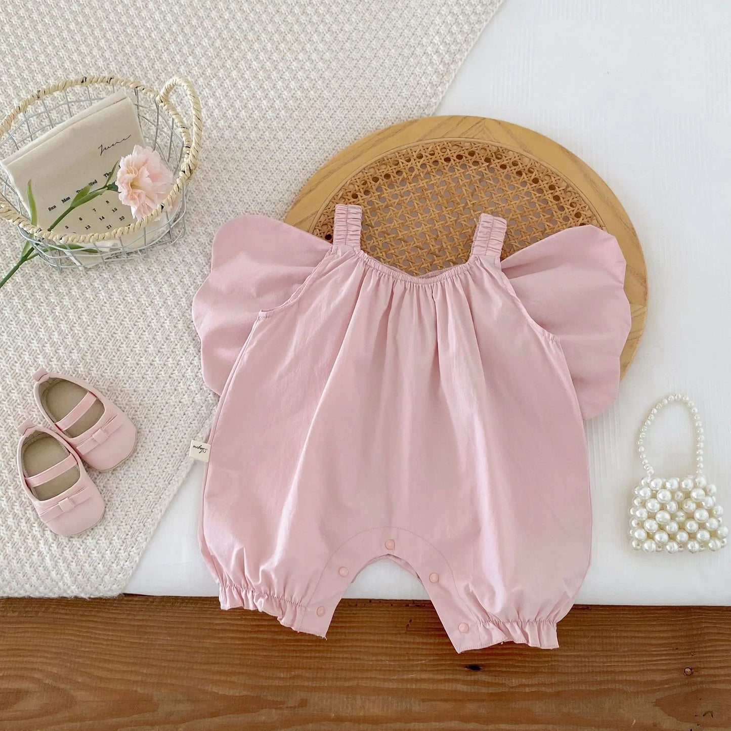 Summer New Solid Girl Infant Angel Wings Overalls Cute Children Suspenders Jumpsuit  Loose Baby Cotton Pants Kid Casual Trousers