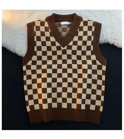 Men's Checkerboard Plaid V-neck Knitted Vest Female Spring Autumn Loose Couple Sweater Coat Sleeveless Vests Casual Tops