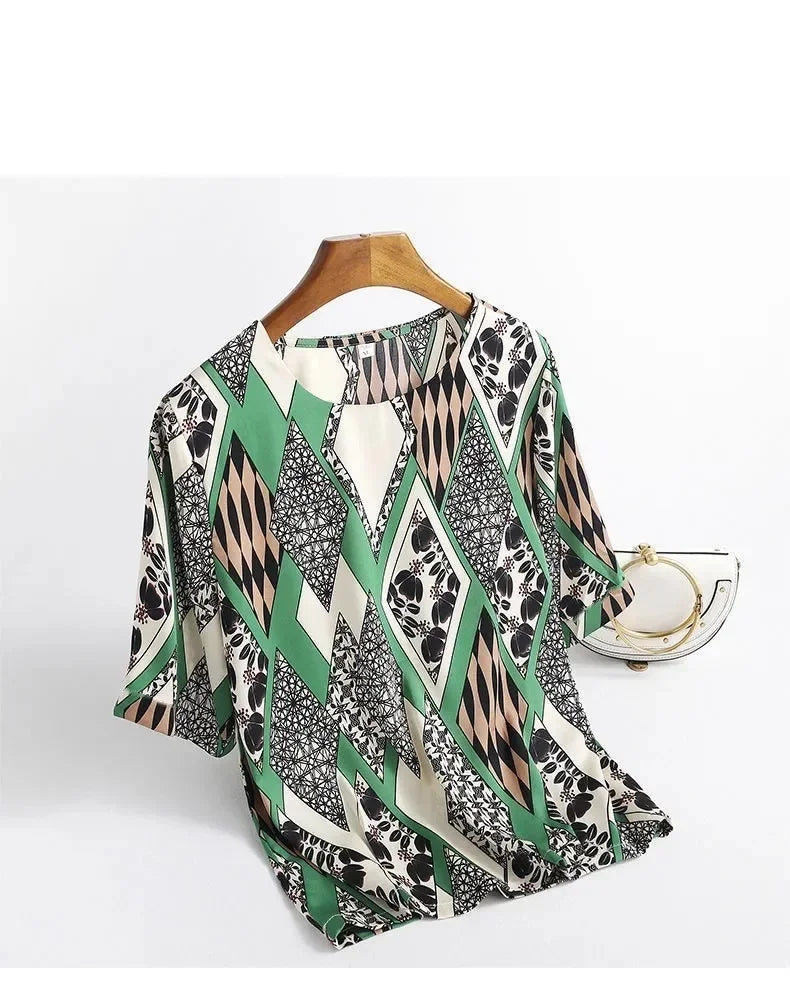 Plus Size Women Silk Satin Blouses Spring Summer Floral Printing Blouse Female Fashion Shirt Tops