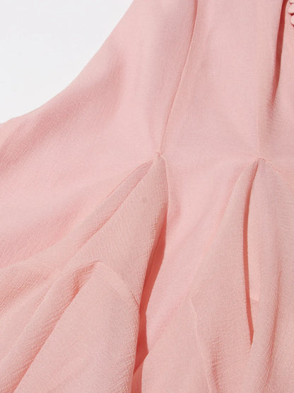 TWOTWINSTYLE Pink Patchwork Ruffle Dress For Women Round Neck Flare Sleeve High Wait Slim Elegant Midi 107CM Dress Female 2025