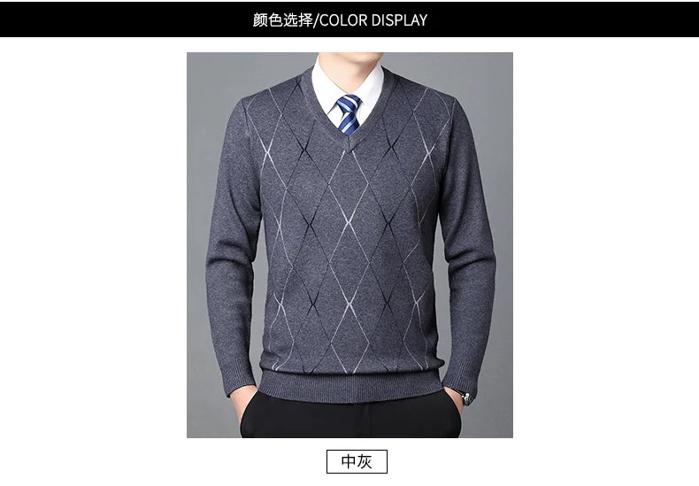 Men's Sweater Fashion Solid Color Warm Sweater Business Casual Heart Neckline Sweater Pullover Men
