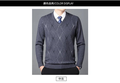 Men's Sweater Fashion Solid Color Warm Sweater Business Casual Heart Neckline Sweater Pullover Men