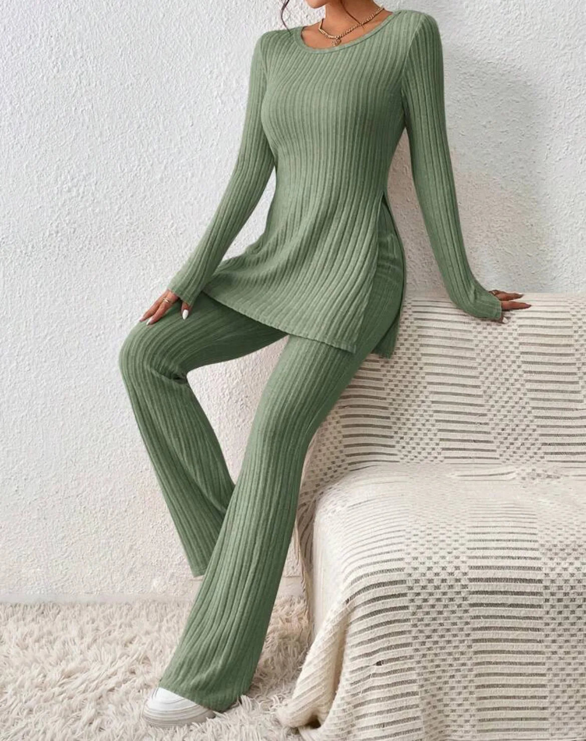 Autumn Winter Women's Clothing New Style Solid Color Sexy Casual Long Sleeved Round Neck Slit Fashion Temperament Two-piece Set