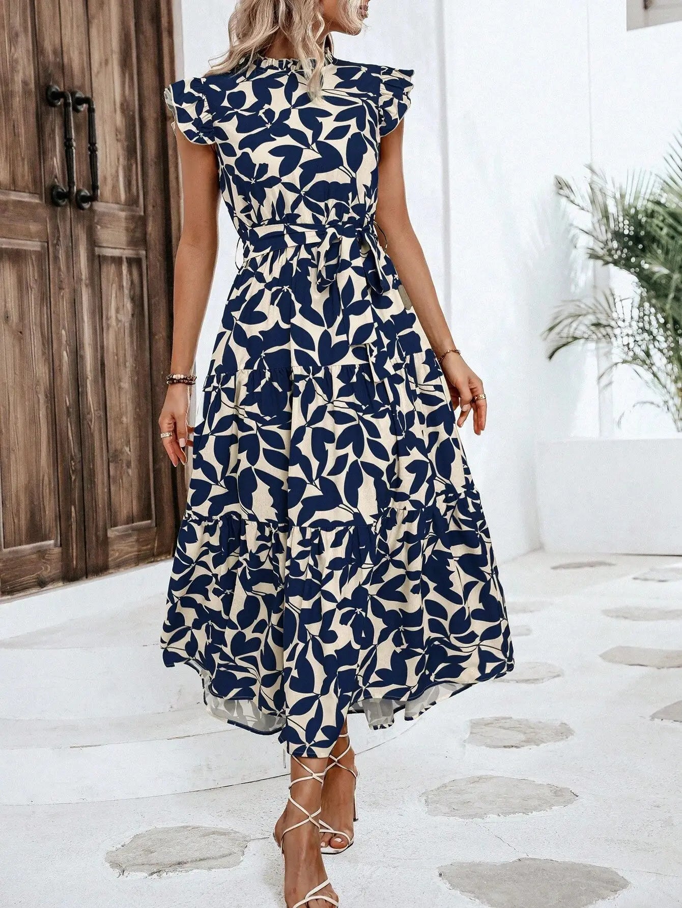 Elegant Women's Flower Midi Dress New Summer Fashion Stand Collar Flying Sleeve Lace Up Dress Casual Beach Holiday Dresses Robe