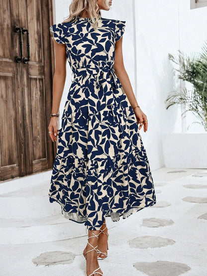 Elegant Women's Flower Midi Dress New Summer Fashion Stand Collar Flying Sleeve Lace Up Dress Casual Beach Holiday Dresses Robe