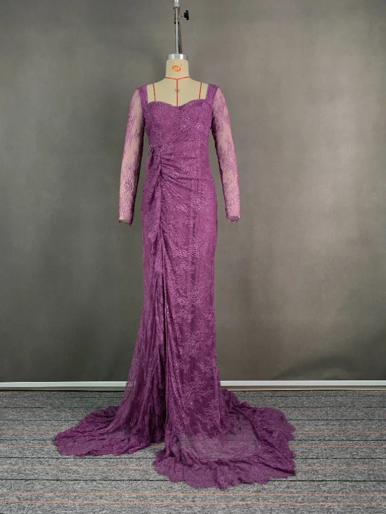 2025 Women's Ruffled Lace Evening Dress Solid Color Square Neck Long Sleeve Skinny Maxi Dress Wrap Hip Party Gowns