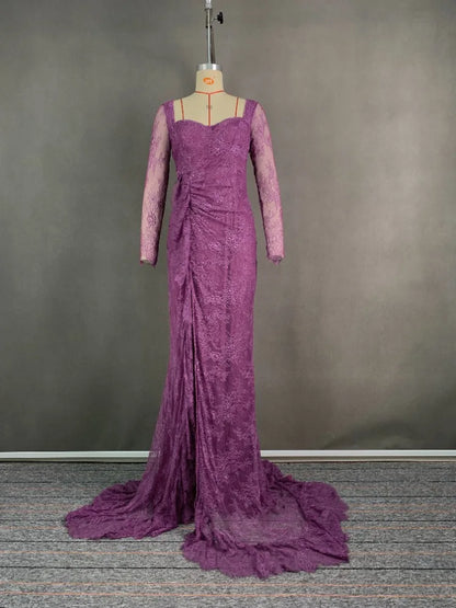 2025 Women's Ruffled Lace Evening Dress Solid Color Square Neck Long Sleeve Skinny Maxi Dress Wrap Hip Party Gowns