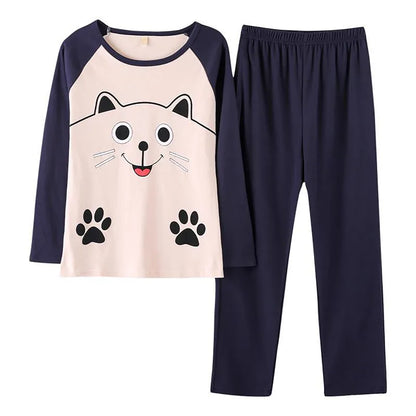 Cartoon Cotton Pajamas Women's Spring and Autumn Models Long-sleeved Home Service Women's Simple Loose Casual Suit Large Size
