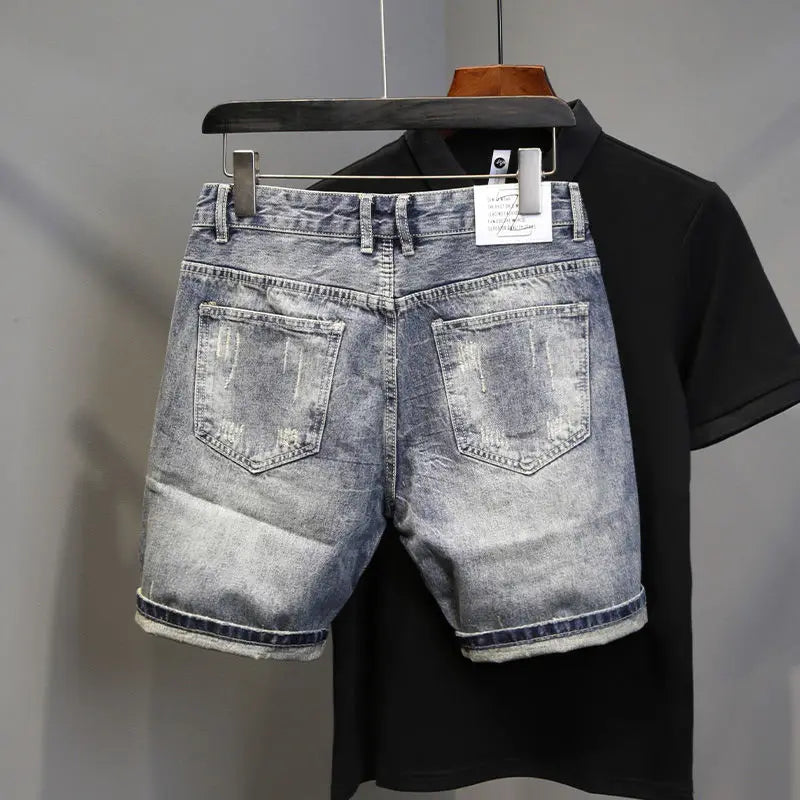 Korean Luxury Clothing Men's Summer Denim Knee Length Shorts 2025 Fashion Designer Ripped Hole Cowboy Korean Slim Short Pants