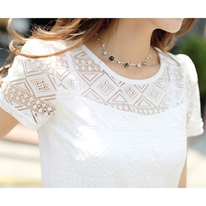 New Women Clothing Chiffon Blouse Lace Crochet Female Korean Shirts Ladies Blouse Tops Shirt White Blouses Slim Fit Tops 2025
