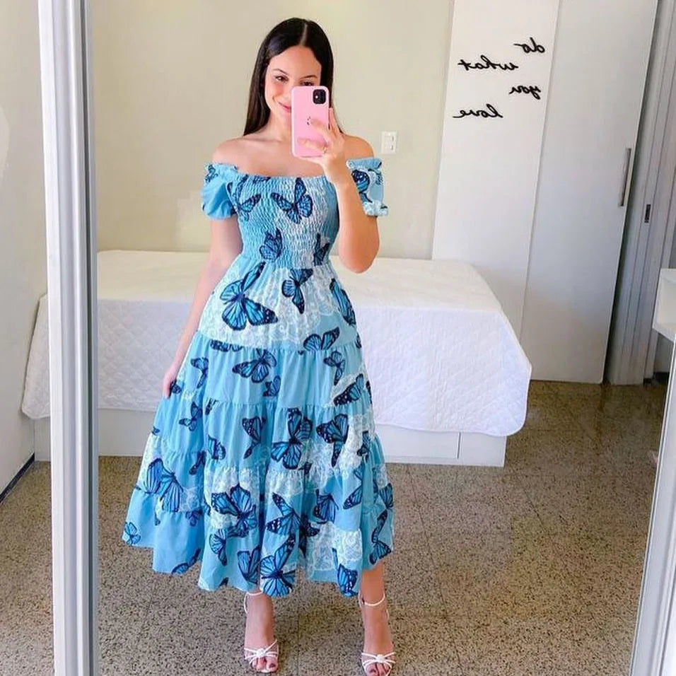 Elegant Women's Off Shoulder Midi Dress 2025 Summer Fashion dresses High Waist Flower Print Short  Sleeve Dress Robe Clothing