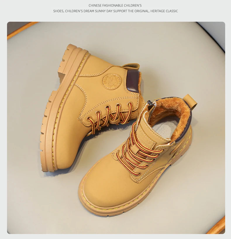 Classic Children Biker Boots Kids Tooling Boot Winter Child Plus Velvet Warm Snow Boot Anti-slip Wear-resistant Girls Boys Shoes