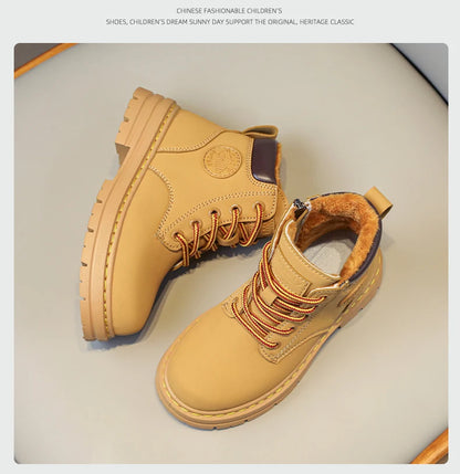 Classic Children Biker Boots Kids Tooling Boot Winter Child Plus Velvet Warm Snow Boot Anti-slip Wear-resistant Girls Boys Shoes