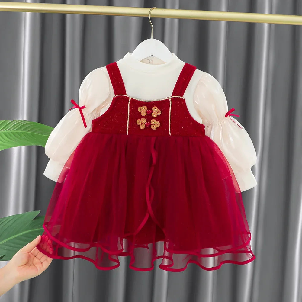 Toddler Baby Girls Dress Autumn  Winter Kids Red Christmas New Year Plush Warm Dress Infant Clothing Set Top+ skirt For 1-4 Years