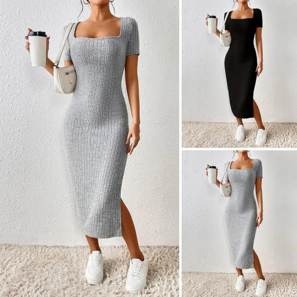Women Summer Dress Split Hem Knitted Elastic Mid-calf Length Knitted Slit Dress Lady Party Commute Casual Ins Style Midi Dress