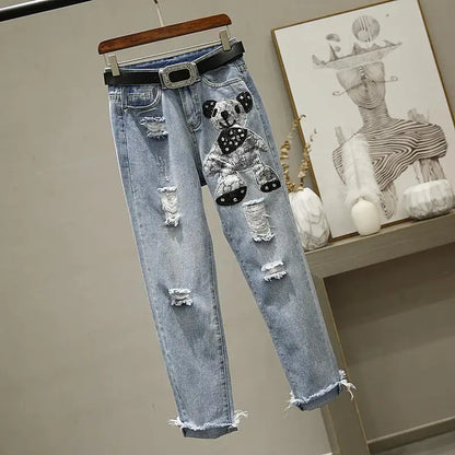 Cartoon Print Short Sleeve T-shirt Perforated Jeans Two Piece Elegant Women's Pants Set Summer Outfit Leisure Sports Suit