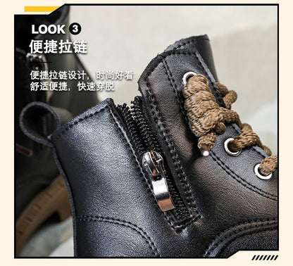 Kid's Winter Cotton Boots Plus Velvet Thickening Water Proof Retro Black Trendy All-match Leather Casual Boys Girls Ankle Boot