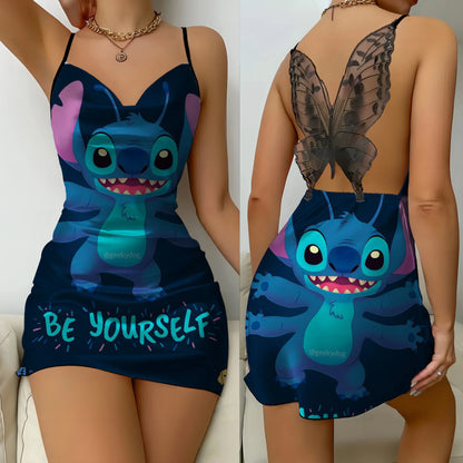Bow Knot Party Dresses Mini Dress Disney Stitch Pajama Skirt Satin Surface Women's Fashion Summer 2025 Sexy Lace Backless Disney