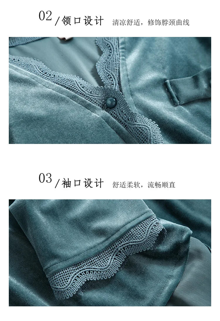 2PCS Velvet Pajamas Set For Women Winter Warm Pajama Sexy Female Valor V-neck Lace Home wear Autumn New Long Pant Pijamas Suit