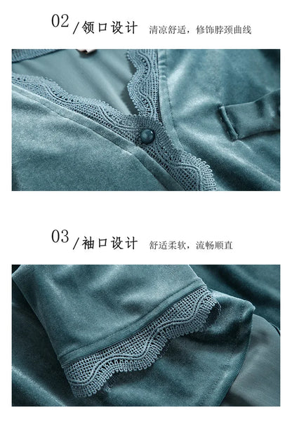 2PCS Velvet Pajamas Set For Women Winter Warm Pajama Sexy Female Valor V-neck Lace Home wear Autumn New Long Pant Pijamas Suit