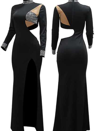 Women Sexy Rhinestone Floor Length High Slit Mermaid Party Dress