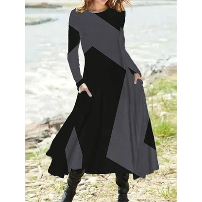 New 2025 Women's Casual Elegant Party Dress Contrast Color Ladies Spring Autumn Loose Long Sleeve Dress with Pockets Midi Dress